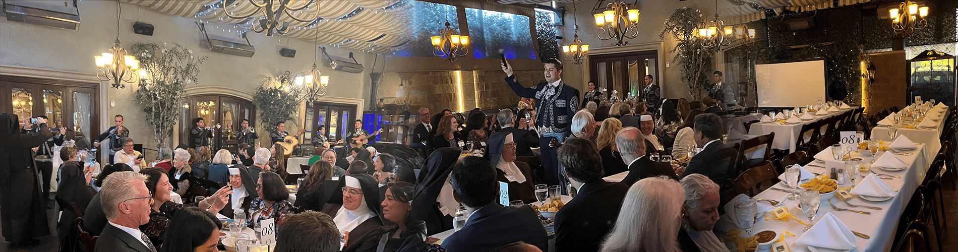 Collage of Mother Luisita Dinner. A room full of guests and sisters enjoying dinner together while a mariachi plays.